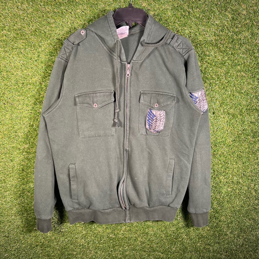 Attack on Titan Survey Corps Zip Up Hoodie Green Wings of Freedom Large